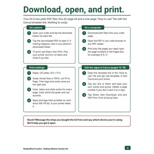 May include: An instructional document titled Download, open, and print. It provides step-by-step guides for using PDF files on phones and computers, print settings for 8.5 x 11 inch paper, and instructions for editing signs in Canva.
