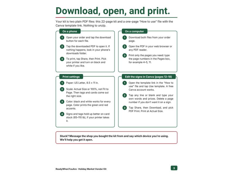 May include: An instructional document titled Download, open, and print. It provides step-by-step guides for using PDF files on phones and computers, print settings for 8.5 x 11 inch paper, and instructions for editing signs in Canva.