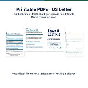 May include: A set of printable US Letter PDF documents for snow removal and lawn care businesses. The pages include a snow service agreement, a snow removal kit guide, a lawn and leaf kit cover, and a quote sheet with text and checkboxes.