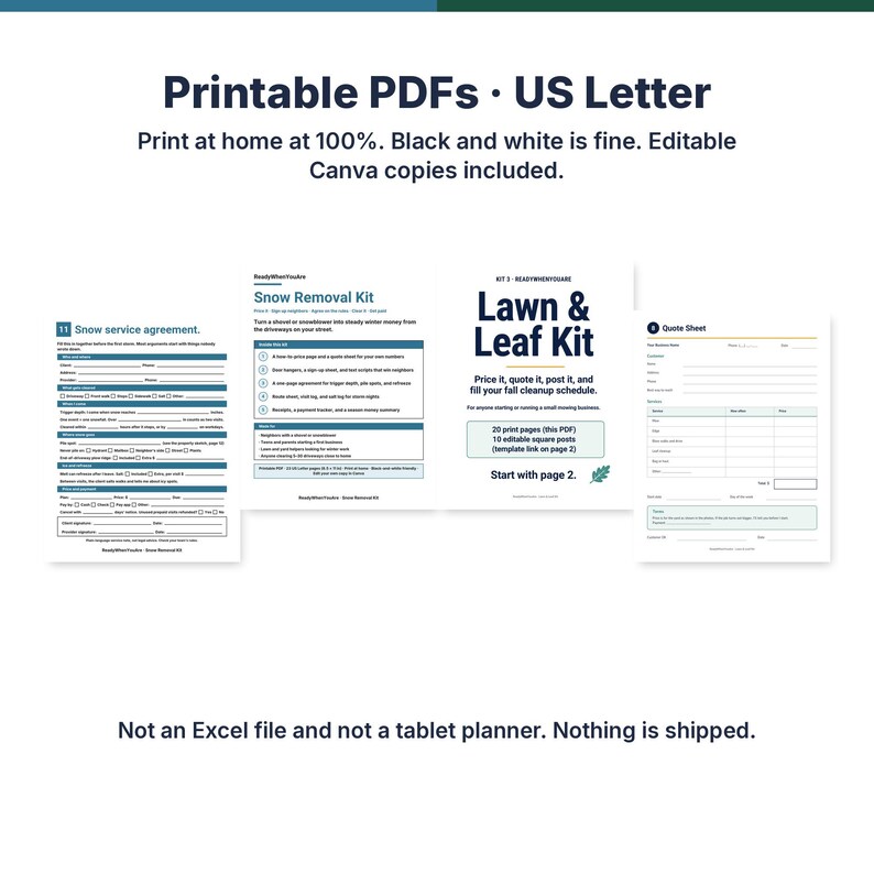 May include: A set of printable US Letter PDF documents for snow removal and lawn care businesses. The pages include a snow service agreement, a snow removal kit guide, a lawn and leaf kit cover, and a quote sheet with text and checkboxes.