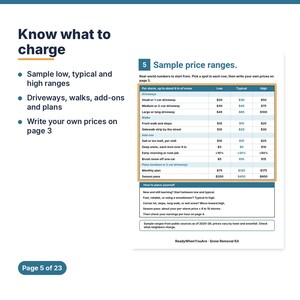May include: A document page titled Know what to charge, featuring a table labeled 5 Sample price ranges. The table lists low, typical, and high pricing for snow removal services like driveways, walks, add-ons, and plans in US dollars.