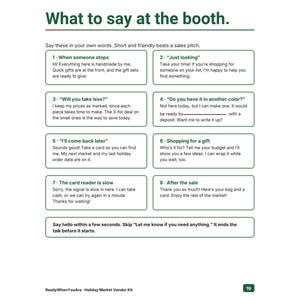 May include: A white informational document titled What to say at the booth. It features eight numbered boxes containing suggested scripts for market vendors, including phrases for greeting customers, handling price inquiries, and closing sales.