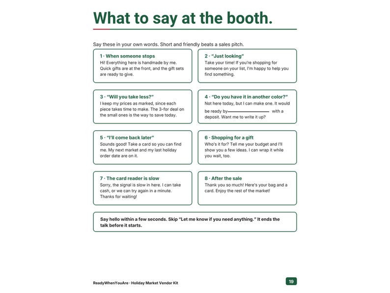 May include: A white informational document titled What to say at the booth. It features eight numbered boxes containing suggested scripts for market vendors, including phrases for greeting customers, handling price inquiries, and closing sales.