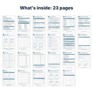 May include: A 23-page snow removal business kit featuring printed templates for pricing, client cards, service agreements, route sheets, supply logs, and checklists. Each page includes blue headers and structured forms for professional organization.