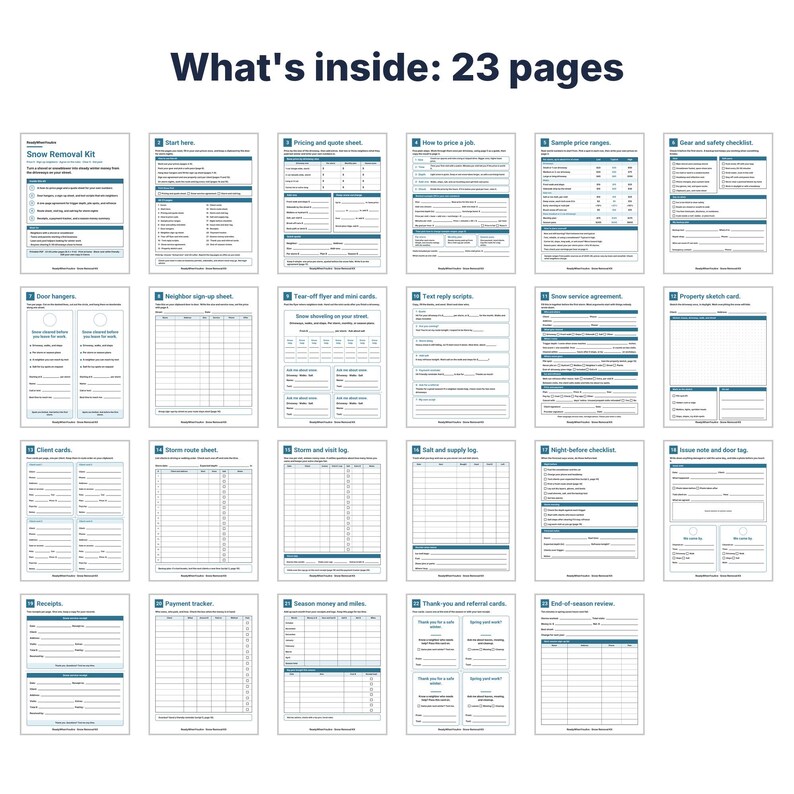 May include: A 23-page snow removal business kit featuring printed templates for pricing, client cards, service agreements, route sheets, supply logs, and checklists. Each page includes blue headers and structured forms for professional organization.
