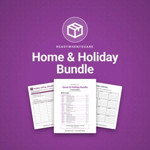 May include: A digital Home & Holiday Bundle template set featuring a purple background with a white box icon. The text reads ReadyWhenYouAre Home & Holiday Bundle. Three white printable pages are displayed, showing a holiday selling calendar, a table of contents, and a monthly keep calendar.
