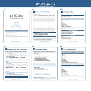 May include: A digital document titled What's inside 22 printable Letter pages, featuring six pages from a Sell It Local Kit. The pages include templates for pricing, listing builders, reply scripts, scam red flags, and sales receipts in blue and white.