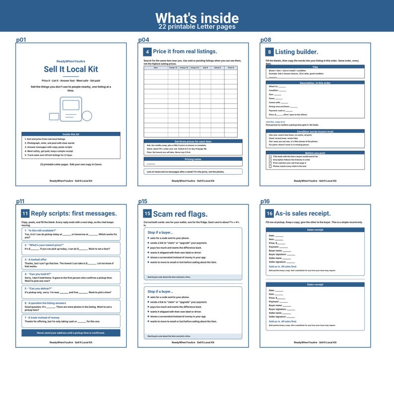 May include: A digital document titled What's inside 22 printable Letter pages, featuring six pages from a Sell It Local Kit. The pages include templates for pricing, listing builders, reply scripts, scam red flags, and sales receipts in blue and white.