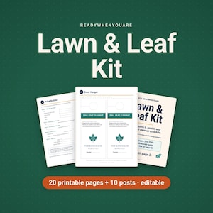 May include: A digital Lawn & Leaf Kit featuring 20 printable pages and 10 editable posts. The documents include a Price Builder, Door Hanger templates with Fall Leaf Cleanup text, and a guide for a small lawn care business.