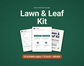 May include: A digital Lawn & Leaf Kit featuring 20 printable pages and 10 editable posts. The documents include a Price Builder, Door Hanger templates with Fall Leaf Cleanup text, and a guide for a small lawn care business.