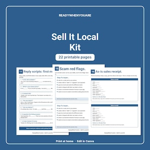 May include: A Sell It Local Kit with 22 printable pages featuring blue and white text. The document includes reply scripts, scam red flags, and as-is sales receipts with blank lines for filling in information like date, item, price, and signatures.