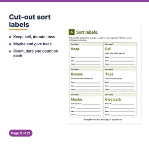 May include: A printable sheet titled 6 Sort labels featuring six rectangular sections with dashed borders. Each section includes fields for Room, Date, and Count, labelled Keep, Sell, Donate, Toss, Maybe, and Give back, with text instructions.