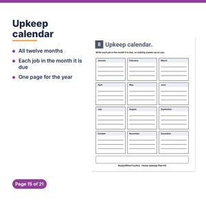 May include: A printable Upkeep calendar page featuring twelve monthly sections with lines for tasks, labelled January through December. The header reads 8 Upkeep calendar, and the footer text is ReadyWhenYouAre Home Upkeep Plan Kit.