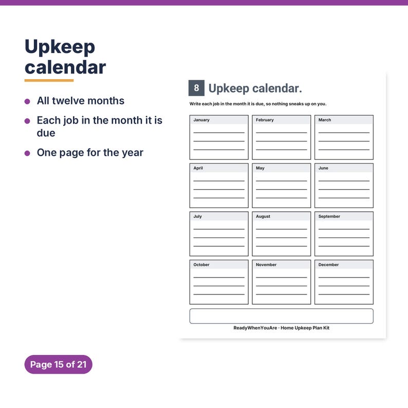 May include: A printable Upkeep calendar page featuring twelve monthly sections with lines for tasks, labelled January through December. The header reads 8 Upkeep calendar, and the footer text is ReadyWhenYouAre Home Upkeep Plan Kit.