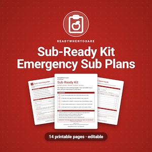 Planes de emergencia para sustituciones (imprimibles), carpeta para sustituciones, carpeta para profesores sustitutos, formularios para carpetas de sustituciones, informe de sustituciones, plano de asientos, menú de actividades