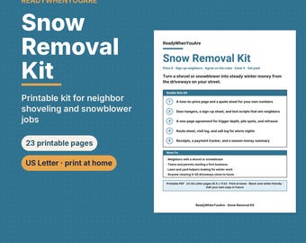 May include: A printable Snow Removal Kit with 23 pages in US Letter size. The document includes a how-to-price page, quote sheet, door hangers, sign-up sheet, text scripts, agreement, route sheet, visit log, salt log, receipts, and payment tracker.