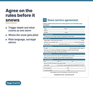 May include: A white document titled Snow service agreement with blue headers and text fields for client and provider information, snow removal details, trigger depths in inches, payment terms, and signature lines for a snow removal kit.