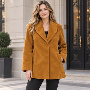 May include: A mustard yellow corduroy jacket featuring a wide shawl collar, long sleeves, and a single-button closure. The jacket has a structured fit with visible vertical ribbing throughout the fabric and two side pockets.