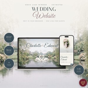 May include: A digital wedding website template displayed on a laptop screen and a smartphone. The design features two swans forming a heart shape on a lake, with the text Charlotte & Edward. Circular icons highlight features like RSVP, music, and edit options.