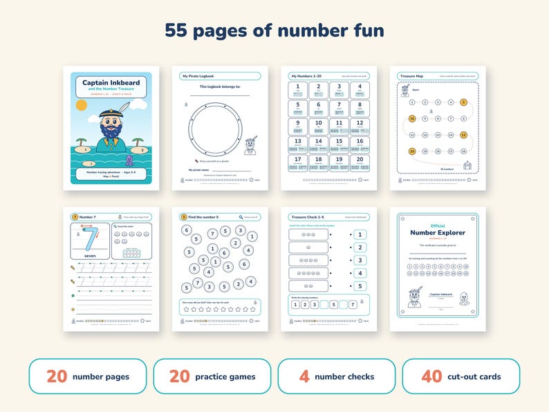 Pirate Number Tracing Workbook 1–20, Counting and Ten Frames, Preschool ...