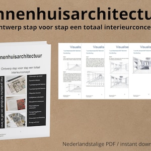 May include: A white book titled Binnenhuisarchitectuur with the subtitle Ontwerp stap voor stap een totaal interieurconcept, featuring interior design diagrams and text. Beside it are four pages showing one-point perspective drawing techniques.