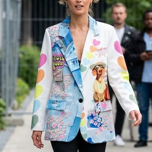 Women's Pop Art and Patchwork Denim Blazer, Elegant Heart and Graffiti Print Jacket, Colorful Streetwear Chic Blazer, Unique Festival Item