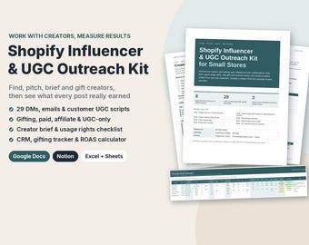 Shopify Influencer & UGC Outreach Kit, Creator Briefs, Gifting Tracker, ROAS Calculator (Digital Download)