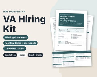 Virtual Assistant Hiring Kit for Shopify Stores, VA Job Post & Interview Templates, Paid Trial Tasks, Candidate Tracker, Google Docs