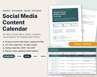 Shopify Social Media Content Calendar, 90-Day Post Ideas, Hooks, Scripts (Digital Download)