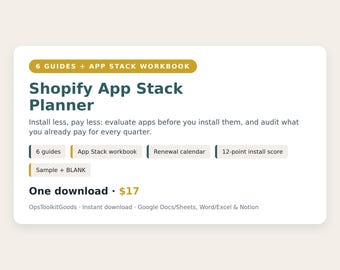 Shopify App Stack Planner, Audit Checklist, Cost Tracker (Digital Download)