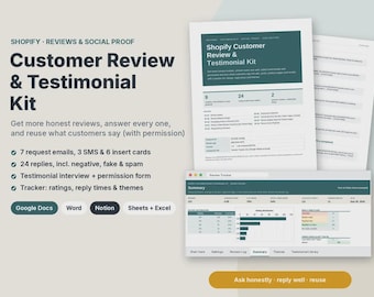Review Request Templates for Shopify Stores, Testimonial Form, Review Reply Scripts, Social Proof Kit & Review Tracker Google Sheets