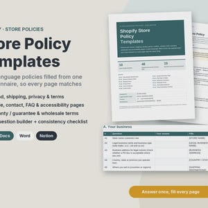 Może przedstawiać: Szablony polityki sklepu Shopify zawierające dokumenty w prostym języku dotyczące zwrotów, wysyłki, prywatności i warunków. Zawiera kreator z 48 pytaniami dla Google Docs, Word i Notion oraz tabelę z polami biznesowymi.