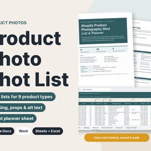 May include: A digital product photography shot list and planner featuring dark green and white documents. The text reads Product Photo Shot List, Shopify Product Photography Shot List & Planner, and Every shot tracked, named & ready.