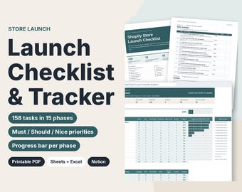 Store Launch Checklist for Shopify Stores, Printable PDF & Google Sheets Tracker, New Ecommerce Store Setup Planner, Notion Template, Excel