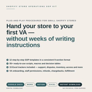 Shopify SOP Template Bundle, 12 Store Operations SOPs, Virtual Assistant Onboarding, Customer Service Macros, Google Docs & Notion