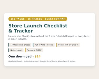 Shopify Store Launch Checklist, Printable PDF & Google Sheets Tracker, New Ecommerce Store Setup Planner, Notion Template, Excel