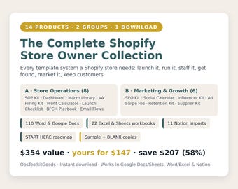 Complete Shopify Store Owner Collection: 14 Templates (SOPs, Dashboard, Marketing) (Digital Download)