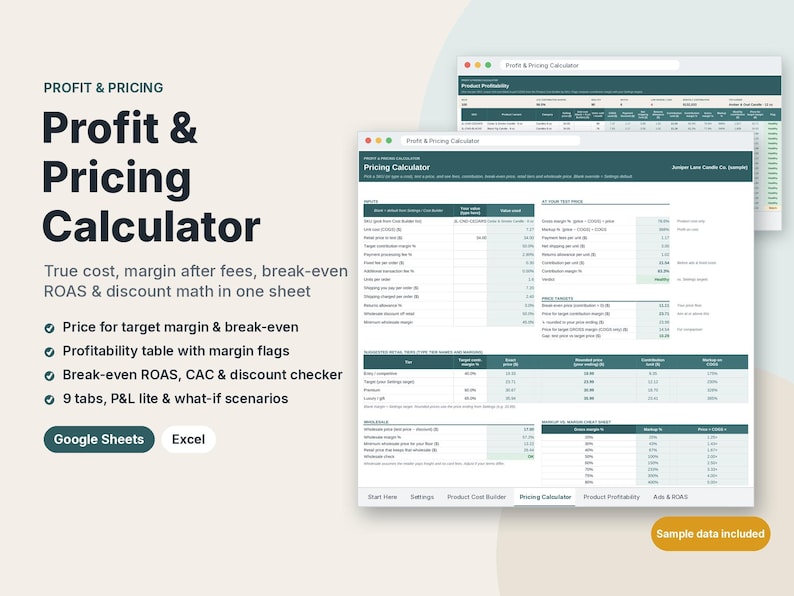 Ecommerce Profit Calculator Spreadsheet for Shopify Stores, Pricing ...