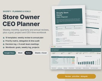 CEO Planner for Shopify Stores, Small Business Planner Google Sheets, Weekly Review, Quarterly OKR Goal Tracker & Annual Business Plan