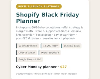 Shopify Black Friday Planner, BFCM Playbook, Email Templates, Product Launch Checklist (Digital Download)