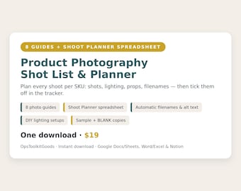 Shopify Product Photography Shot List & Planner, DIY Lighting, File Naming (Digital Download)