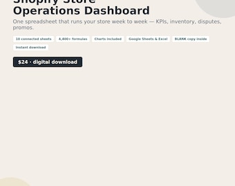 Shopify Store Operations Dashboard, KPI Tracker, Inventory & Chargeback Calculator (Digital Download)