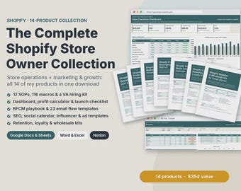 Complete Store Owner Collection for Shopify Stores, 14 Templates: SOPs, Dashboard, Profit Calculator, Email Flows, SEO, Social Media & Ads