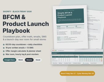 Black Friday Planner & BFCM Playbook for Shopify Stores, Cyber Monday Email Templates, Product Launch Checklist, SMS, Google Docs, Sheets