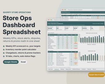 Store Operations Dashboard for Shopify Stores, Google Sheets & Excel KPI Tracker, Inventory Reorder Calculator, Chargeback Tracker
