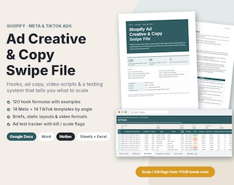 Shopify Ad Swipe File: 120 Hooks, Meta & TikTok Scripts, Test Tracker (Digital Download)