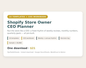 Shopify CEO Planner, Weekly Review, Quarterly OKR Goals (Digital Download)