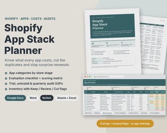 App Stack Planner for Shopify Stores, App Audit Checklist & Cost Tracker Spreadsheet, App Renewal Calendar, Google Sheets Template