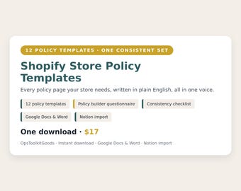 Shopify Store Policy Templates, Plain English, Consistent Set (Digital Download)
