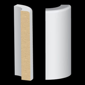 May include: Two vertical pieces of white molding with a curved profile. One piece shows a smooth white front surface, while the other piece displays a white curved edge and a textured, light brown unfinished side profile.